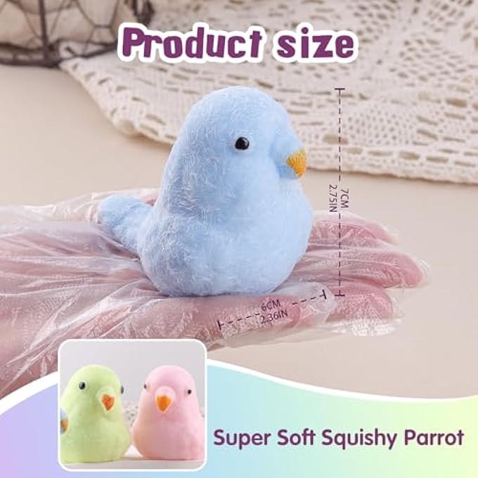 ANBOOR 4 Pieces Bird Squishies Toys, Soft Feathered Bird Squeeze Stress Relieving Toys, Novelty Fidget Toys for Adults and Kids (Yellow, Blue, White, Pink) - Image 2