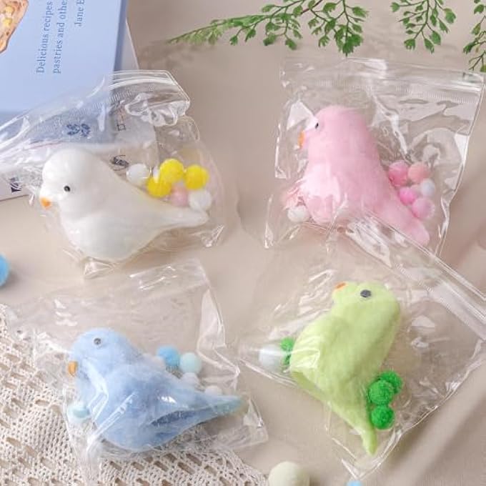 ANBOOR 4 Pieces Bird Squishies Toys, Soft Feathered Bird Squeeze Stress Relieving Toys, Novelty Fidget Toys for Adults and Kids (Yellow, Blue, White, Pink) - Image 4