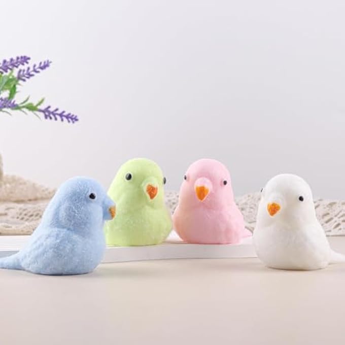 ANBOOR 4 Pieces Bird Squishies Toys, Soft Feathered Bird Squeeze Stress Relieving Toys, Novelty Fidget Toys for Adults and Kids (Yellow, Blue, White, Pink) - Image 1
