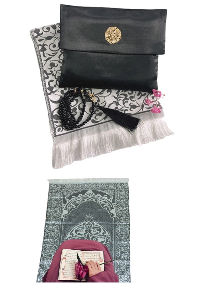 ISHWAZ Islamic Prayer Mat Set, High Quality Rug And Decorative Rosary With Beautifull Pouch, Ideal for Home, Travelling, At Office, At Work, For Ramadan, Eid Etc, Best Gift Idea Prayer Carpet Tasbih And Bag  - Image 1