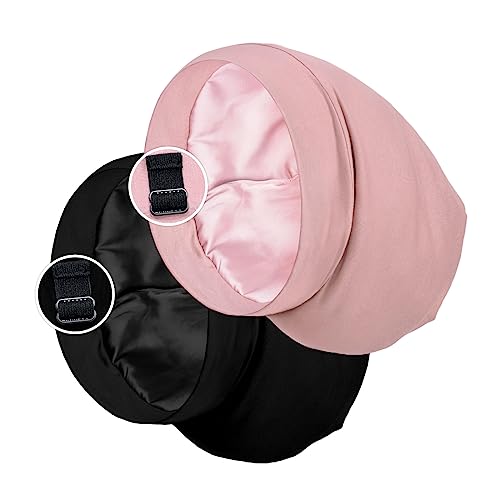 PARISBELLA Satin Lined Sleep Cap Bonnet for Curly Hair and Braids, Stay On All Night Hair Wrap with Adjustable Strap for Women and Men, Black and Pink, Pack of 2 - Image 1