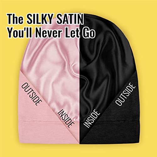 PARISBELLA Satin Lined Sleep Cap Bonnet for Curly Hair and Braids, Stay On All Night Hair Wrap with Adjustable Strap for Women and Men, Black and Pink, Pack of 2 - Image 2