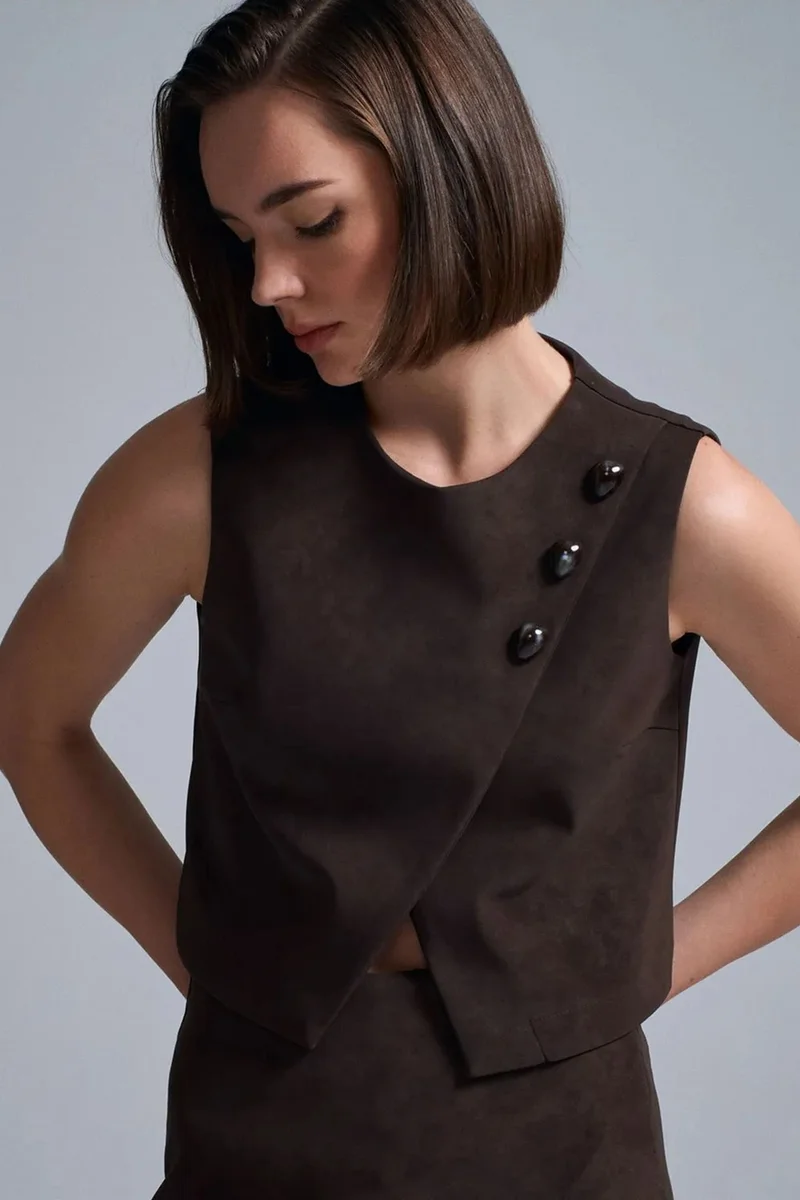 Dilvin Coffee Brown DILVIN Crop Faux Leather Button Waistcoat for Women | Best Price UAE