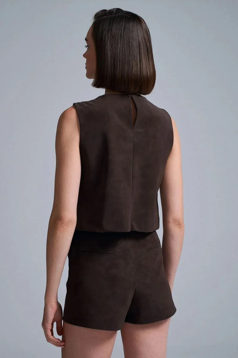 Dilvin Coffee Brown DILVIN Crop Faux Leather Button Waistcoat for Women | Best Price UAE