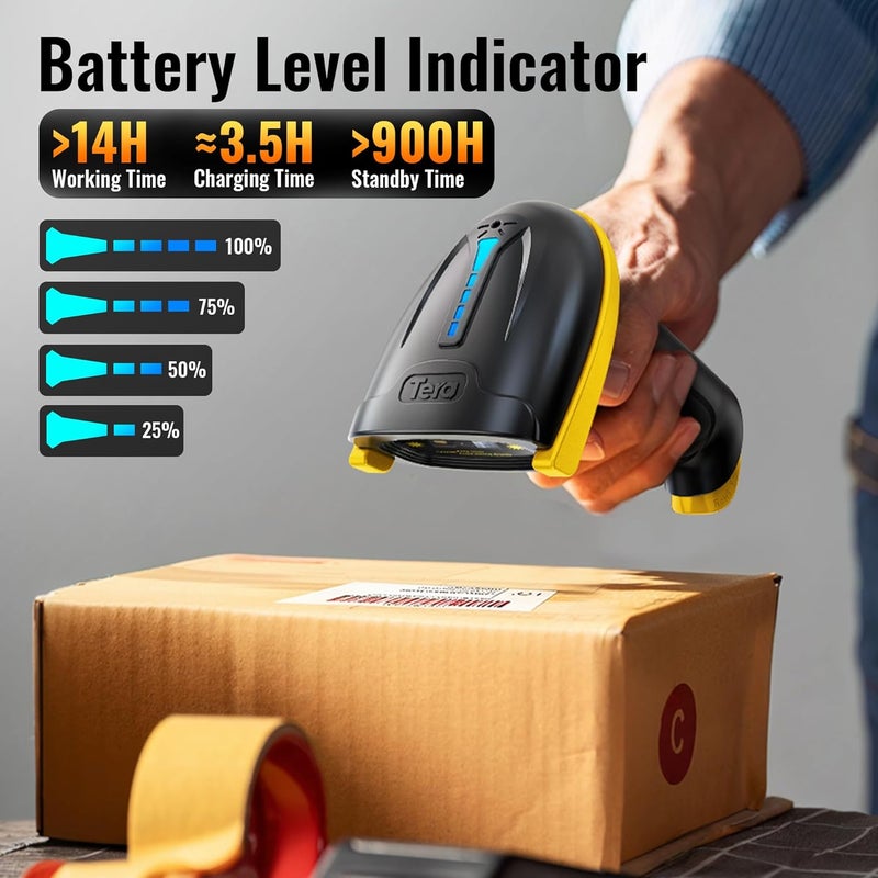 Tera Barcode Scanner Wireless Versatile 2-in-1 (2.4Ghz Wireless+USB 2.0 Wired) with Battery Level Indicator, 328 Feet Transmission Distance Rechargeable 1D Laser Bar Code Reader Handheld 5100 Yellow - Image 2