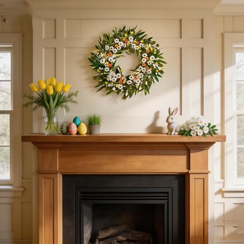 Egolot 26 Inch Spring Greenery Wreath for Front Door, White Daisy & Yellow Forsythia Floral Wreath with Eucalyptus and Olive Leaves, Everyday All Seasons Indoor Outdoor Decor - Image 4