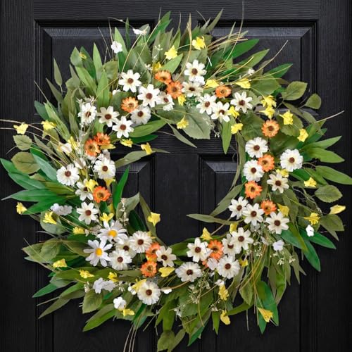 Egolot 26 Inch Spring Greenery Wreath for Front Door, White Daisy & Yellow Forsythia Floral Wreath with Eucalyptus and Olive Leaves, Everyday All Seasons Indoor Outdoor Decor - Image 1