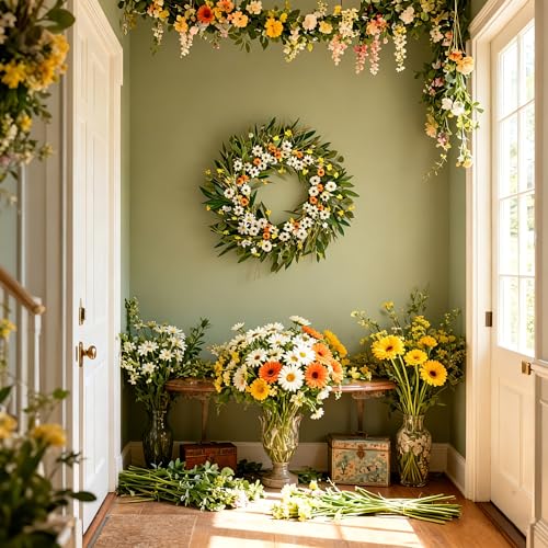 Egolot 26 Inch Spring Greenery Wreath for Front Door, White Daisy & Yellow Forsythia Floral Wreath with Eucalyptus and Olive Leaves, Everyday All Seasons Indoor Outdoor Decor - Image 5