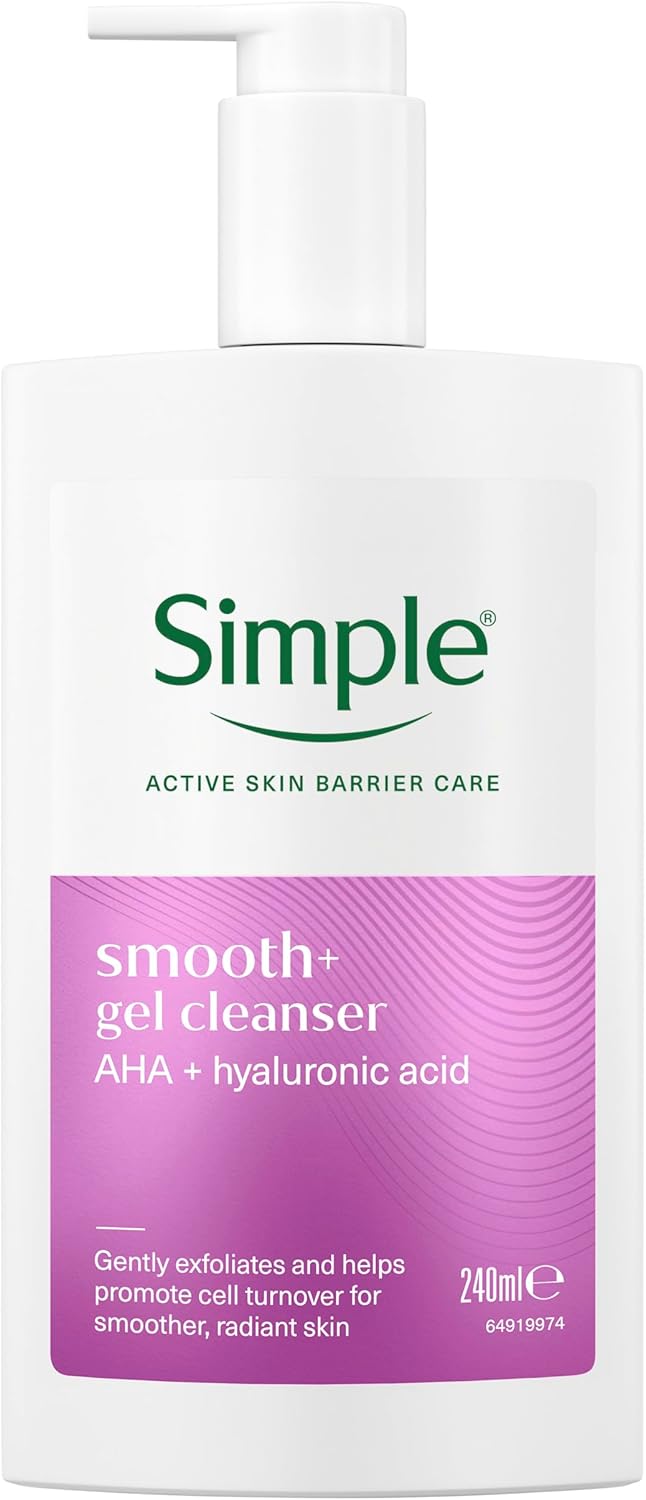 Simple Smooth Gel Facial Cleanser AHA hyaluronic acid gently exfoliates and helps promote cell turnover for smoother radiant skin 240 ml