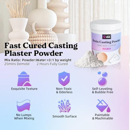 LET'S RESIN مجموعة أدوات صب الراتنج LET'S RESIN، 1000 جرام مسحوق صب سريع التجفيف عديم الرائحة، 20~30 دقيقة لإزالة القالب، مجموعة مسحوق الجبس المفعلة بالماء لصنع الأشياء بنفسك، خلط سهل وتوازن ذاتي - Image 2