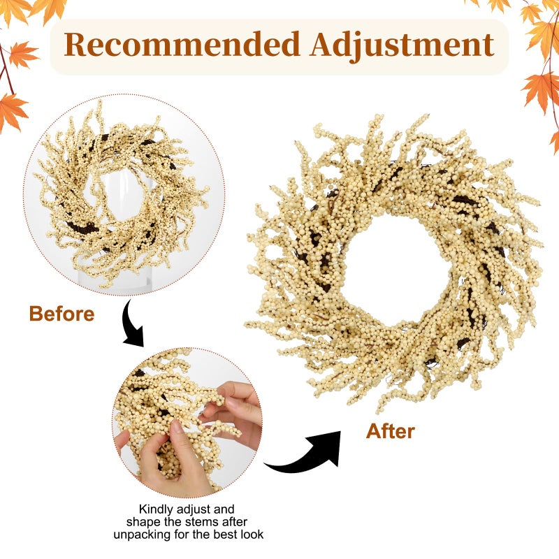 Briful 2 Pack Fall Berry Wreaths 12in Artificial Beige Foam Berry Wreath for Front Door Small Outdoor Fall Wreath for Autumn Home Wall Mantle Porch Thanksgiving Halloween Decor - Image 4