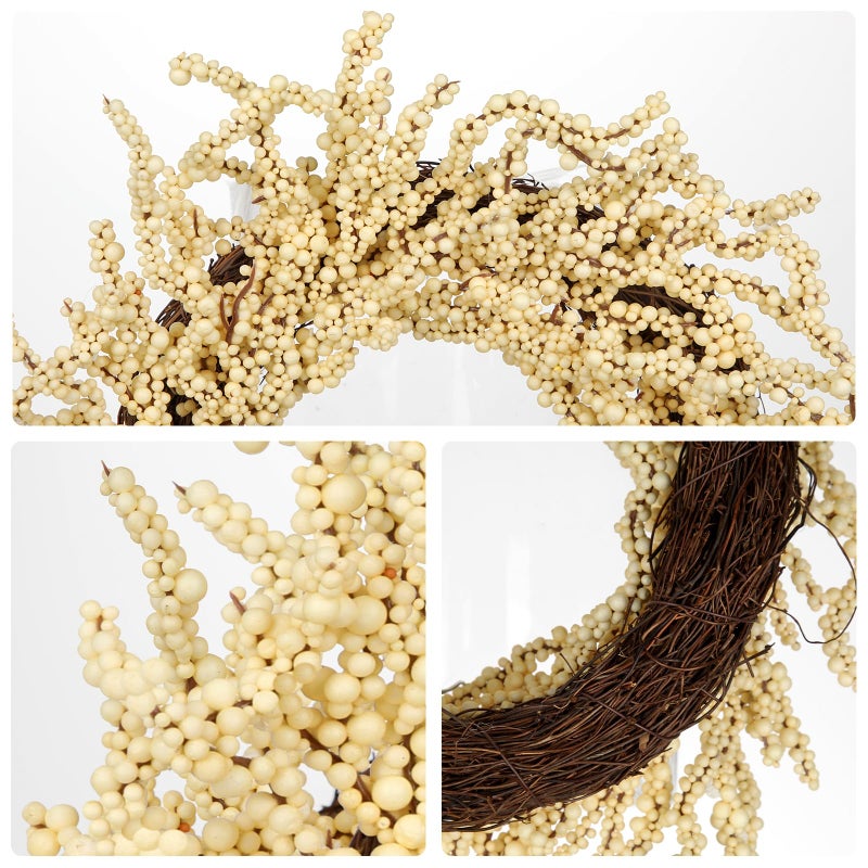 Briful 2 Pack Fall Berry Wreaths 12in Artificial Beige Foam Berry Wreath for Front Door Small Outdoor Fall Wreath for Autumn Home Wall Mantle Porch Thanksgiving Halloween Decor - Image 3