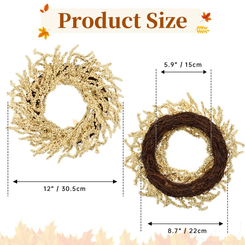 Briful 2 Pack Fall Berry Wreaths 12in Artificial Beige Foam Berry Wreath for Front Door Small Outdoor Fall Wreath for Autumn Home Wall Mantle Porch Thanksgiving Halloween Decor - Image 2