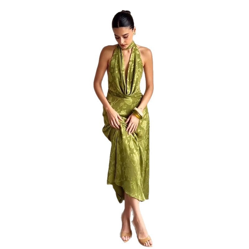 Women'S Halterneck Sleeveless Elegant Waist Printed Green Long Skirt - Image 5
