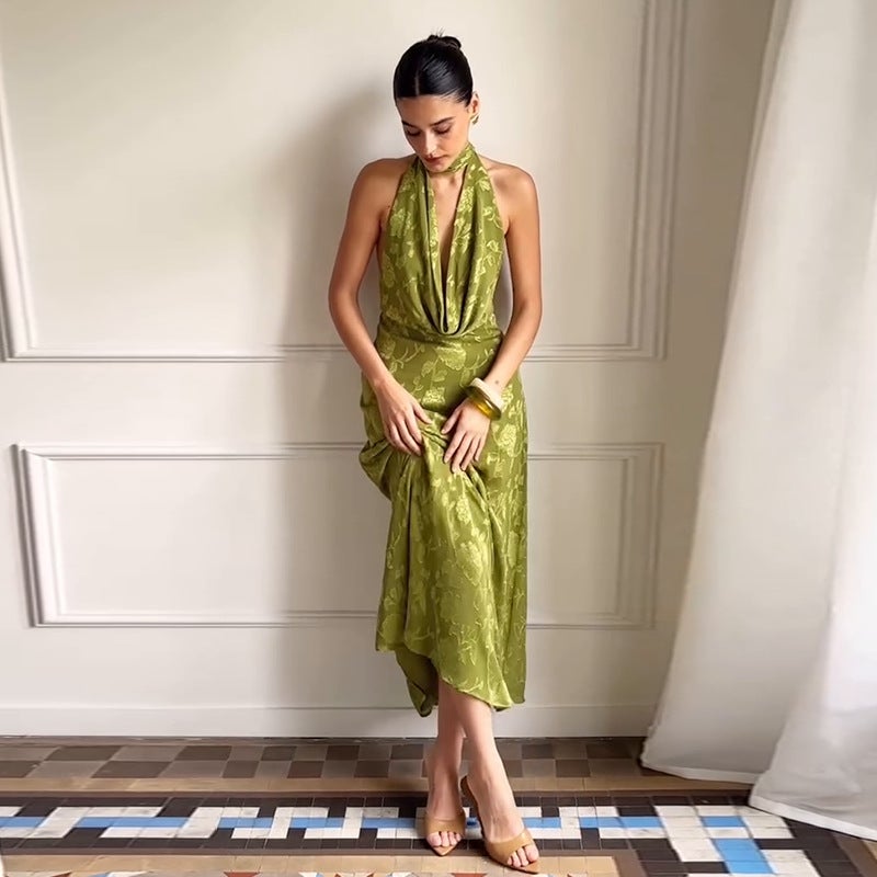 Women'S Halterneck Sleeveless Elegant Waist Printed Green Long Skirt - Image 2