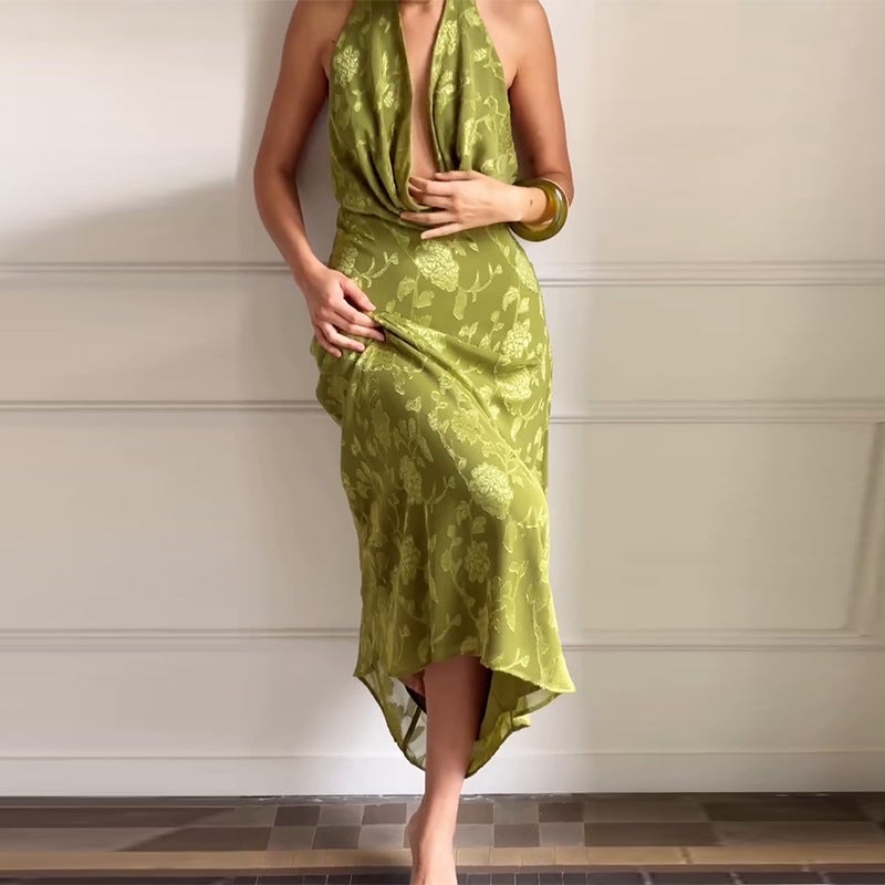 Women'S Halterneck Sleeveless Elegant Waist Printed Green Long Skirt - Image 4