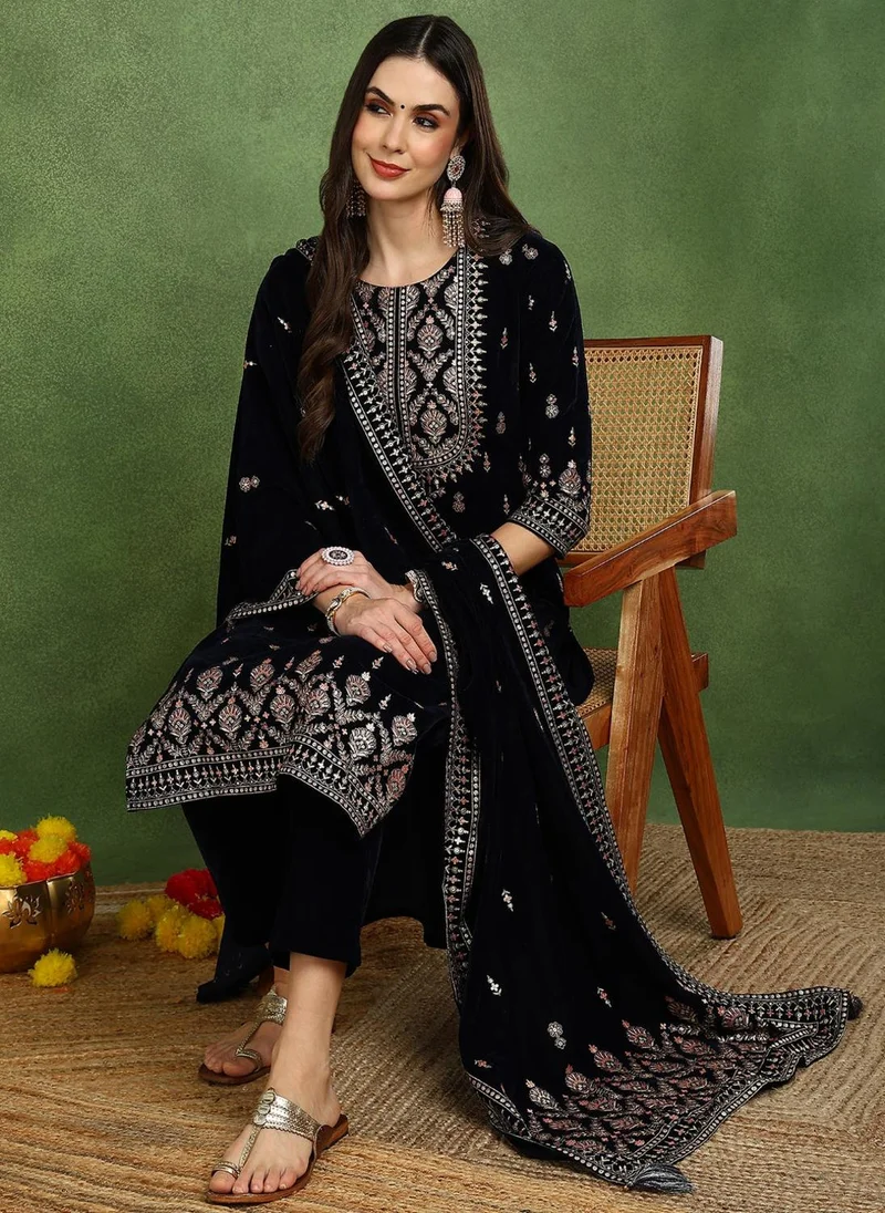 زيري سوق Navy Blue Velvet Ethnic Motifs Printed 3-Piece Suit Set