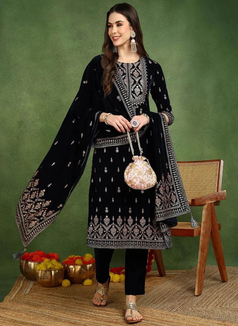 زيري سوق Navy Blue Velvet Ethnic Motifs Printed 3-Piece Suit Set