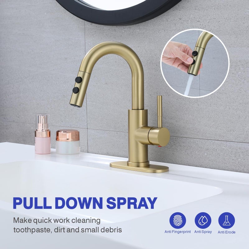 Kablle Bathroom Sink Faucet with Pull Down Sprayer, Brushed Gold Single Handle Pull Out Faucet with Pop-Up Drain, 1 or 3 Hole Laundry Bar Basin Faucet with Deck Plate, KBL-7002BG-CL - Image 2