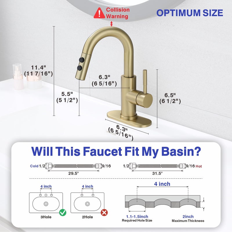 Kablle Bathroom Sink Faucet with Pull Down Sprayer, Brushed Gold Single Handle Pull Out Faucet with Pop-Up Drain, 1 or 3 Hole Laundry Bar Basin Faucet with Deck Plate, KBL-7002BG-CL - Image 5