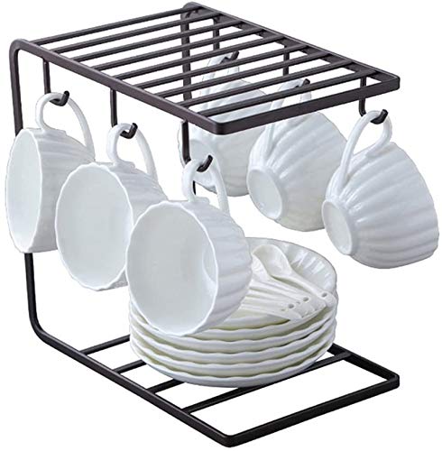 Skafa Iron Cup and Plate Stand with 6 Hooks, 23X18X14 Cm, Brown - Image 1