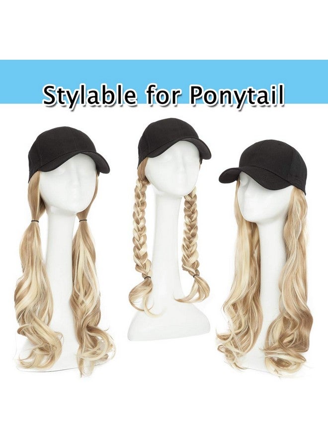 SEGO Baseball Cap with Hair Extensions for Women Adjustable Hat with Hair Attached Synthetic Long Wavy Wig with Black Hat Stylable for Pigtail Ponytail 16 Inch Sandy Blonde&Bleach Blonde 290g - Image 4