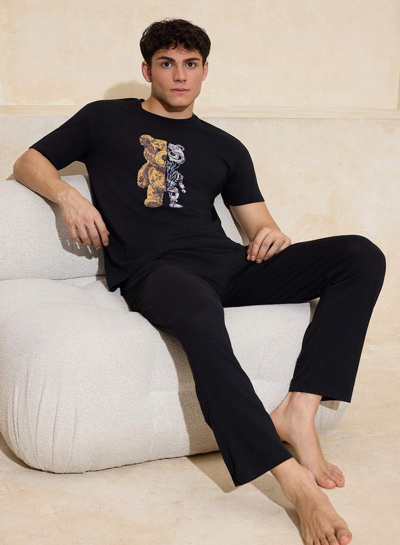 trendyol Black Regular Fit Cotton Short Sleeve Top Robot Printed Pocket Detail Pajama Set Tmnss26Pt00005 - Image 2