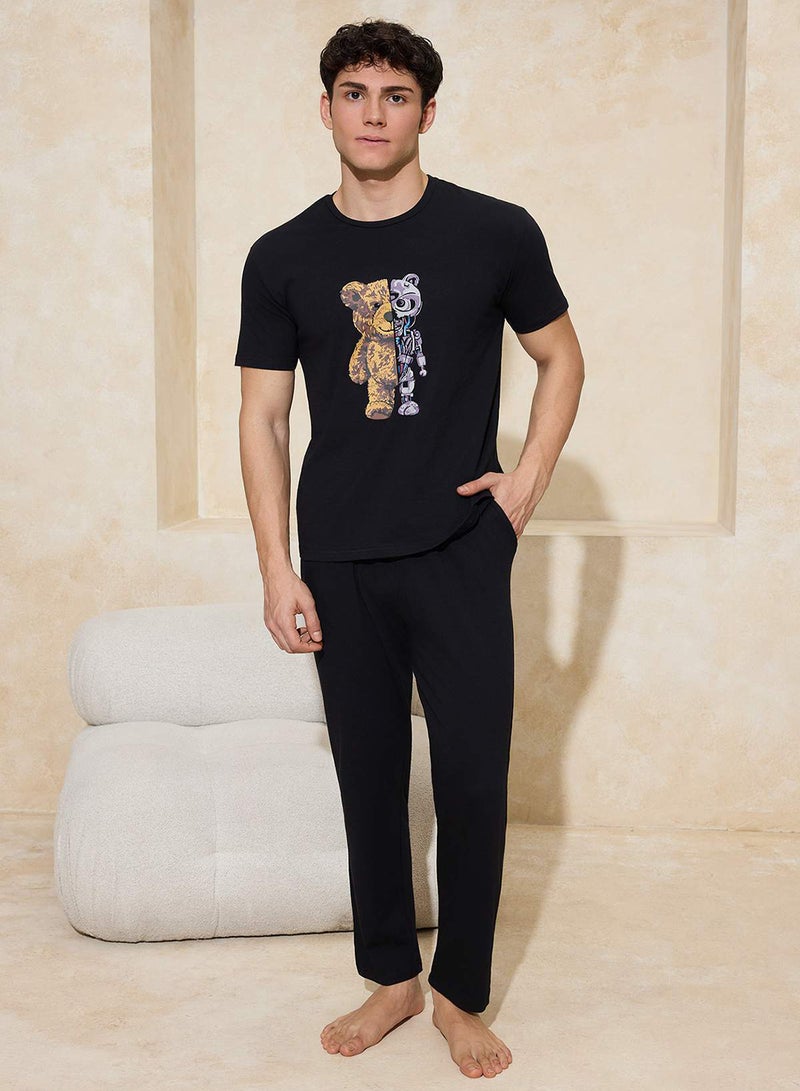 trendyol Black Regular Fit Cotton Short Sleeve Top Robot Printed Pocket Detail Pajama Set Tmnss26Pt00005 - Image 1