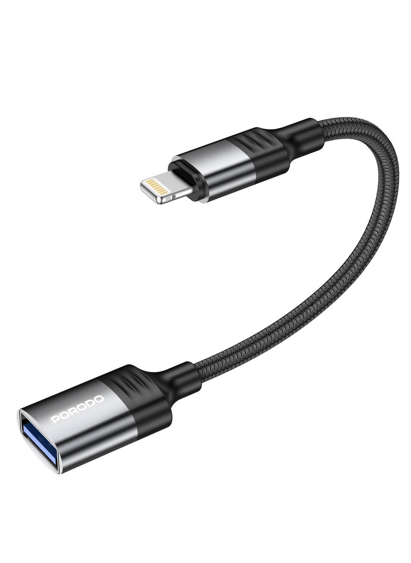 porodo - Woven USB A to Lightning Adapter 0.12M Cable / Lightning OTG Wire / Plug & Play / Braided Cable - Black - Image 1