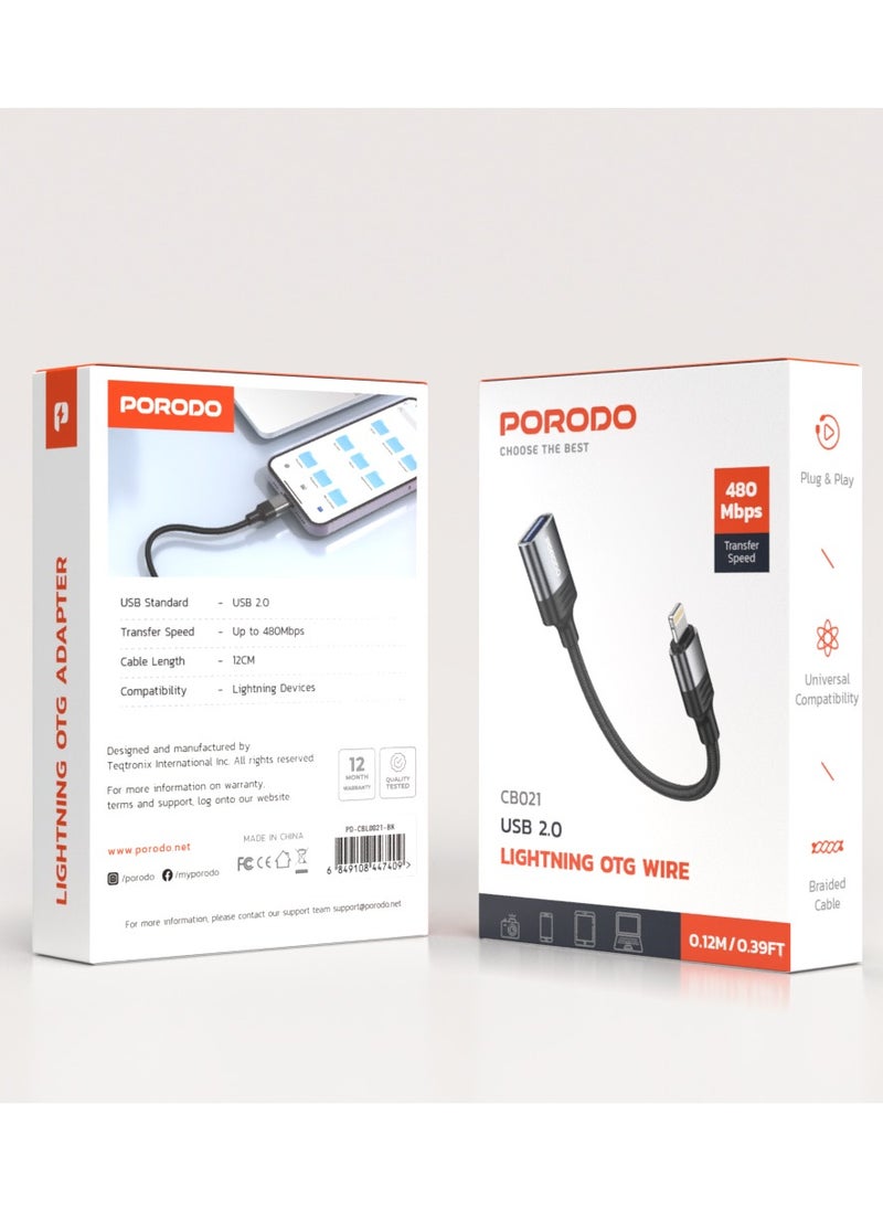 porodo - Woven USB A to Lightning Adapter 0.12M Cable / Lightning OTG Wire / Plug & Play / Braided Cable - Black - Image 1