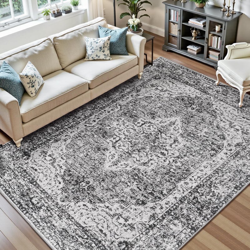 Lofus 8x10 Area Rugs for Living Room, Washable Area Rug, Rugs for Bedroom, Kitchen, Vintage Boho Carpet, Soft Non-Slip, Low Pile Large Area Rug for Office Dining Room, Vintage Dark Grey - Image 2