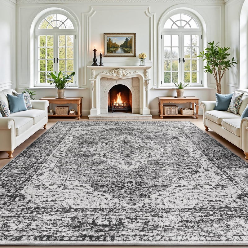 Lofus 8x10 Area Rugs for Living Room, Washable Area Rug, Rugs for Bedroom, Kitchen, Vintage Boho Carpet, Soft Non-Slip, Low Pile Large Area Rug for Office Dining Room, Vintage Dark Grey - Image 1