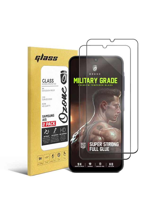 O Ozone 2 Pack Full Coverage Tempered Glass for Samsung Galaxy A15 Screen Protector, 9H Hardness Black Edge Tempered Glass Film HD Clear Screen Guard - Image 1