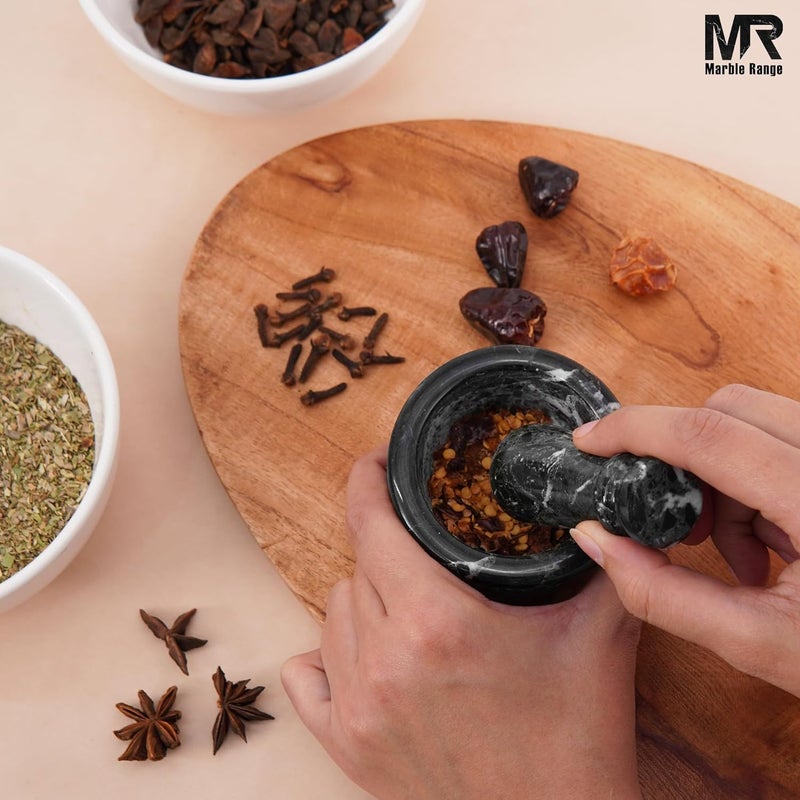 MARBLE RANGE Marble Mortar and Pestle Set 3 Inch Black Handmade Garlic Crusher & Herb Grinder, Small Stone Mortar for Kitchen, Spice Grinder, Natural Marble Grinding Bowl – Elegant Holiday & Christmas Gift - Image 2