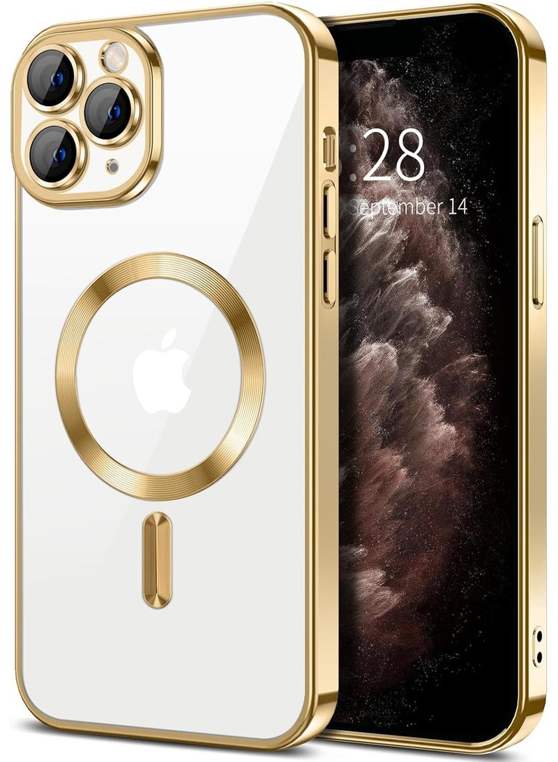 Electroplated Case For IPhone 11 Pro Max Camera Lens Full Protection Compatible with MagSafe Wireless Charging, Shockproof Soft TPU Phone Magnetic Cover (Gold) - Image 1