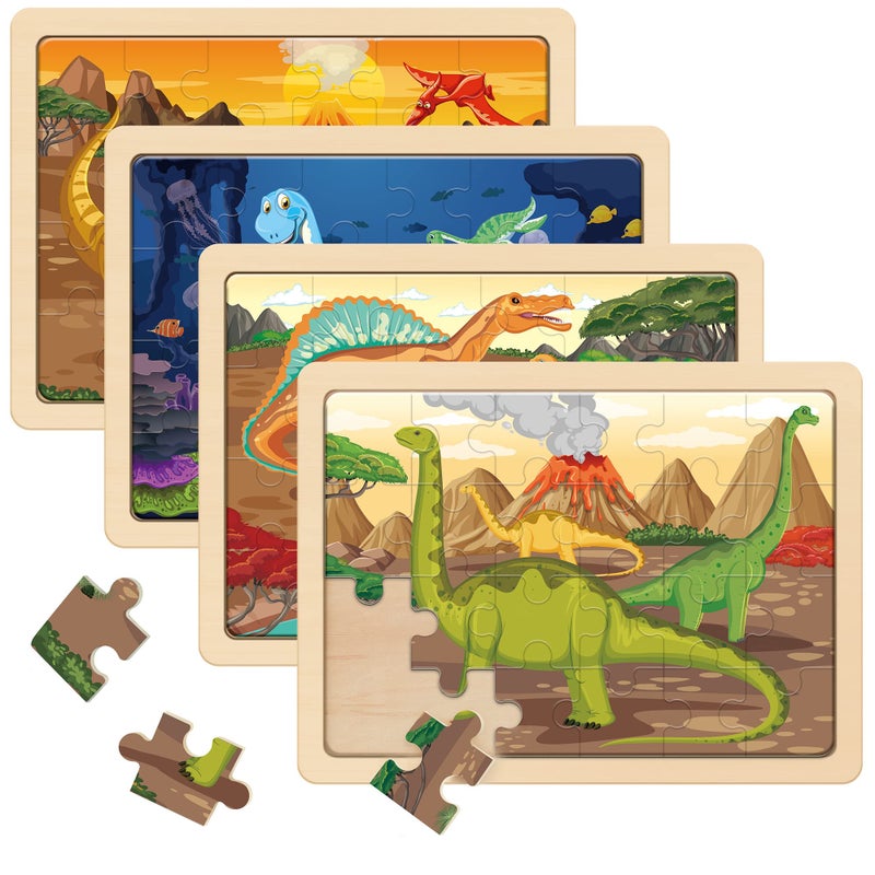 SYNARRY Large Dinosaur Wooden Puzzles for Kids 4 in 1 Gift Box(12.2 * 9.4 in) - FSC Certified, Jigsaw Puzzles for Kids Ages 4-6, Dinosaur Toys Gifts for 3 4 5 Year Old Boys Girls - Image 1