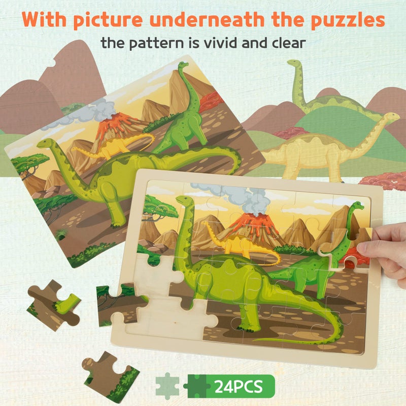 SYNARRY Large Dinosaur Wooden Puzzles for Kids 4 in 1 Gift Box(12.2 * 9.4 in) - FSC Certified, Jigsaw Puzzles for Kids Ages 4-6, Dinosaur Toys Gifts for 3 4 5 Year Old Boys Girls - Image 3