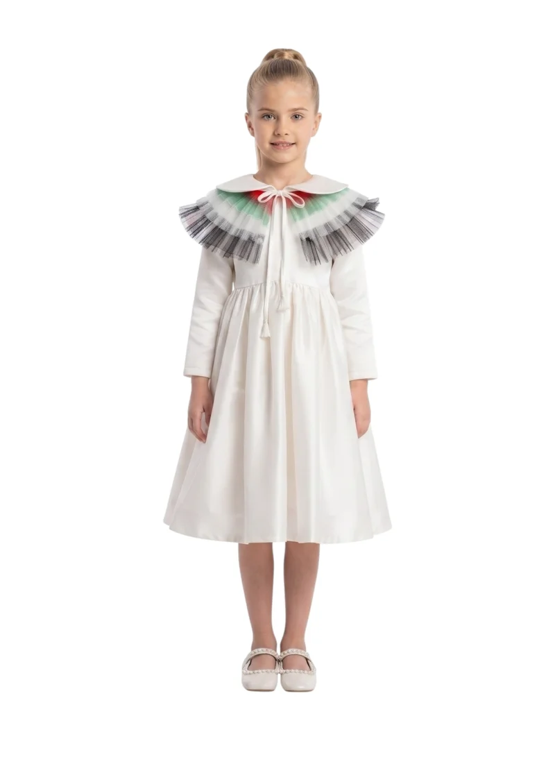 بيداني Girls 2-in-1 UAE National Day Satin Party Dress with Detachable Flag Ruffle Cape