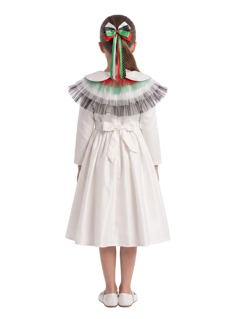 بيداني Girls 2-in-1 UAE National Day Satin Party Dress with Detachable Flag Ruffle Cape