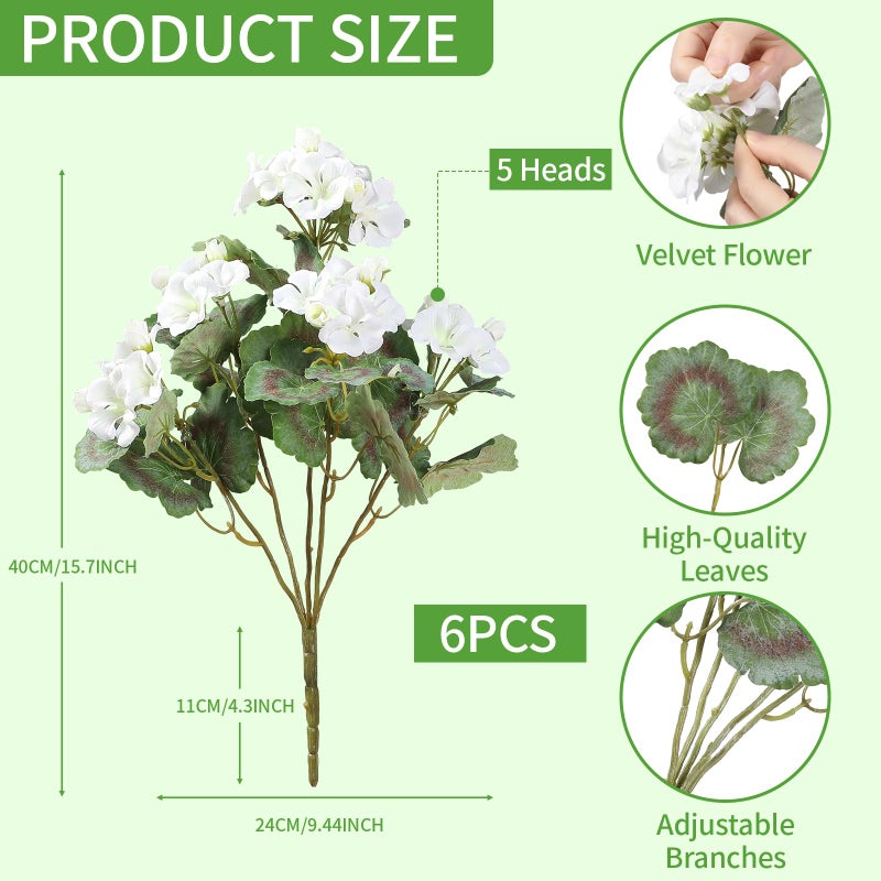 Coferset Artificial Flowers for Outdoors, 6pcs Velvet Artificial Geranium Flowers, Realistic UV Resistant Faux Flowers for Outside Garden, Porch Decor, Fake Plants for Home Wedding Centerpieces(White) - Image 4