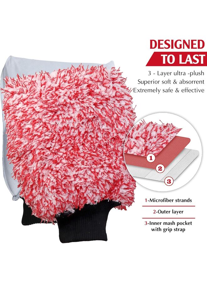 قفاز غسيل السيارات من الألياف الدقيقة، إسفنجة سيارة ملفوفة بقطعة قماش ناعمة من الألياف، غسيل آمن مع أي صابون سيارة، دلو، قاذف رغوة، لوازم تنظيف أخرى، أحمر وأبيض - Image 3