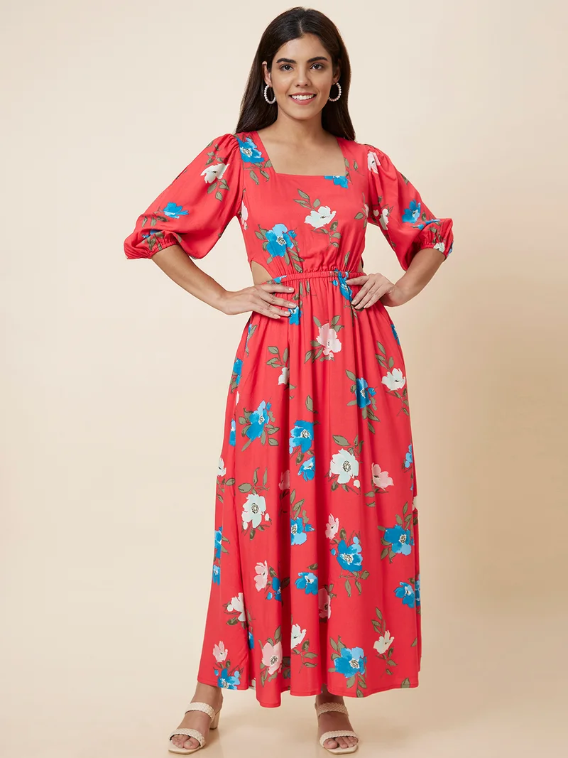 جلو باص فستان ماكسي نسائي مطبوع بالزهور بأكمام منفوشة وفتحة جانبية