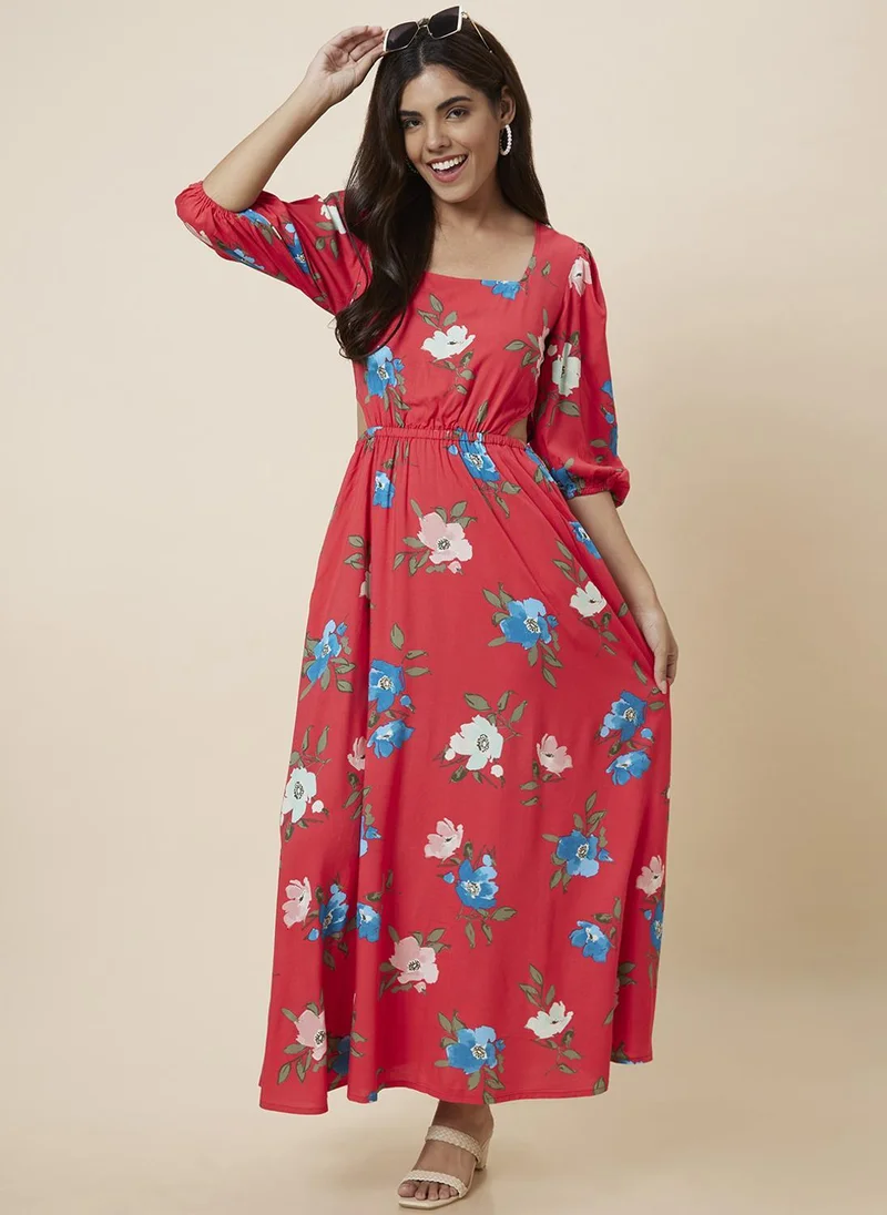 Globus Globus Women's Dress Red Casual with Square Neck and Floral Print