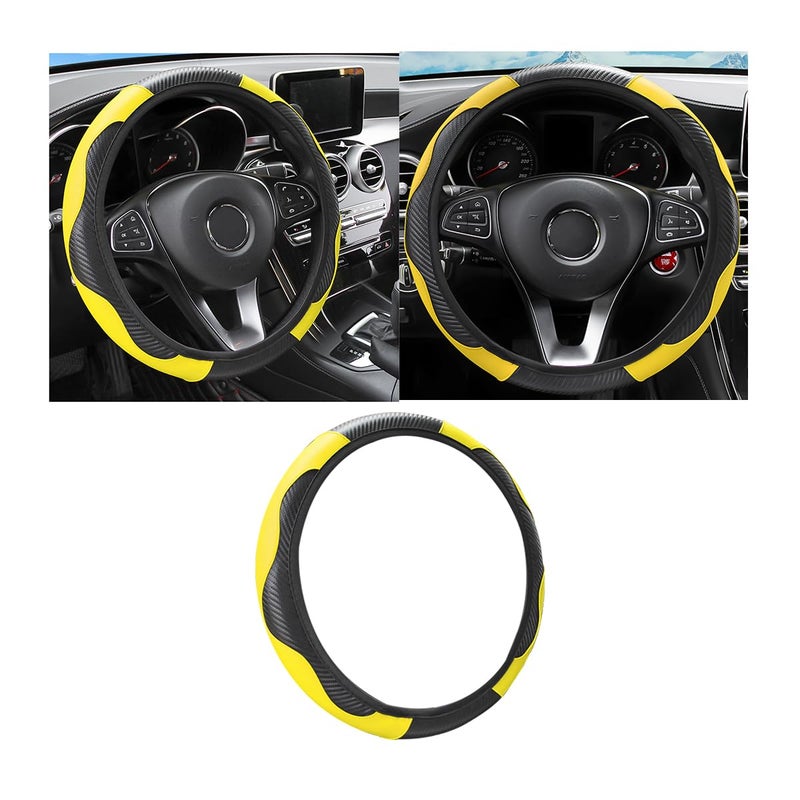 Osilly Car Steering Wheel Cover, 15 inch Carbon Fiber Microfiber PU Leather Elastic Steering Wheel Protector for Men Women, Anti-Slip Breathable Car Interior Accessories for Most Cars (Yellow) - Image 1