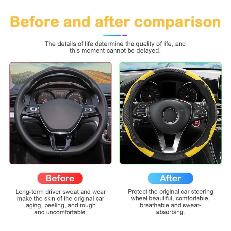 Osilly Car Steering Wheel Cover, 15 inch Carbon Fiber Microfiber PU Leather Elastic Steering Wheel Protector for Men Women, Anti-Slip Breathable Car Interior Accessories for Most Cars (Yellow) - Image 3