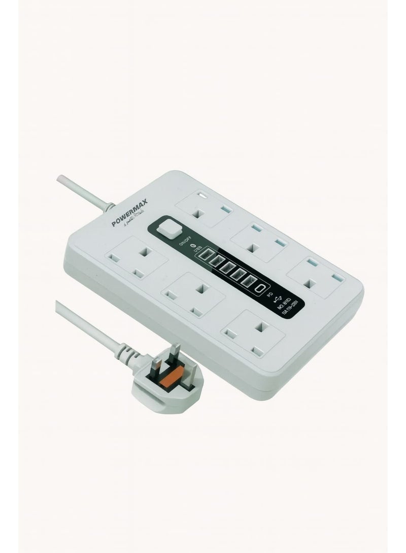 PowerMax 5 Meter PowerMax Power Socket Strips Extension Cord,6 Sockets Universal Plug Adapter with 5Meter Bold Extension Cable With 5USB Ports And 1PD Power Extension Board, Extension Cable, Extension Socket For Home ,Office ,Kitchen ,Travel And More ((5meter))