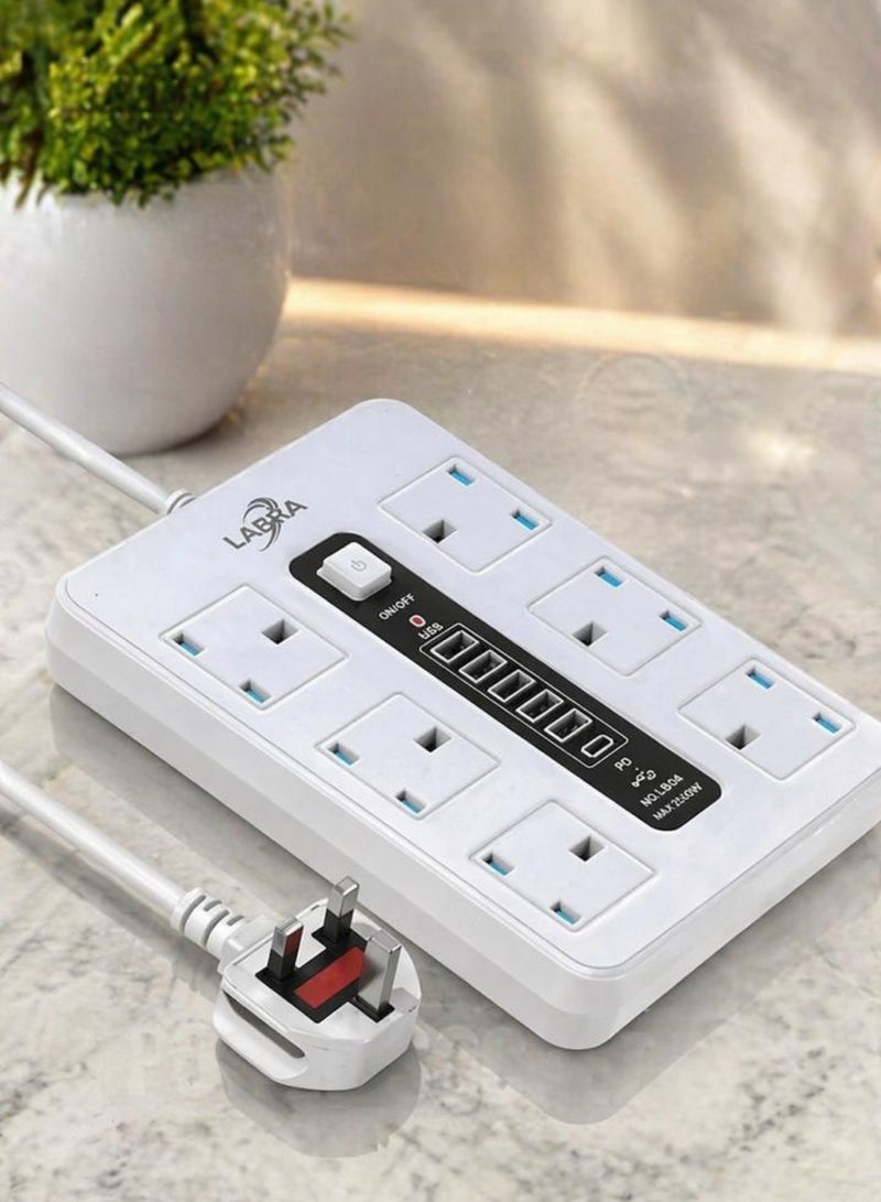5 Meter PowerMax Power Socket Strips Extension Cord,6 Sockets Universal Plug Adapter with 5Meter Bold Extension Cable With 5USB Ports And 1PD Power Extension Board, Extension Cable, Extension Socket For Home ,Office ,Kitchen ,Travel And More ((5meter))