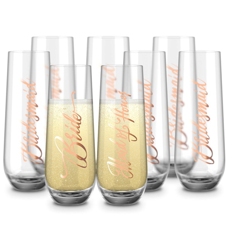 Kook Bridesmaid Wine Glasses, Kook Bachelorette Party Champagne Glasses, 9.4 Oz (Bridal Set of 8), Stemless Glass Champagne Flutes, Cocktail Cups for Rose, Great for Weddings and Parties, Dishwasher Safe - Image 1