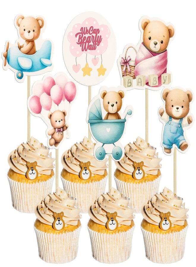 Ephlyn 36Pcs Bear Cupcake Toppers Balloon Baby Bear Cupcake Picks Decorations for Bear Theme Birthday Party Supplies Blue Pink - Image 1