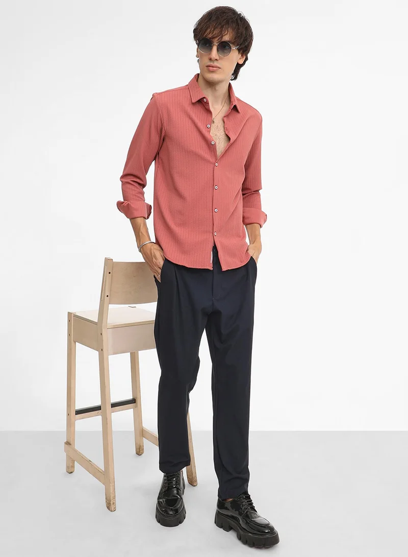 Campus Sutra Campus Sutra Men's Coral Pink Stripe-Creased Shirt For Casual Wear | Spread Collar | Long Sleeve | Button Closure | Shirt Crafted With Comfort Fit For Everyday Wear